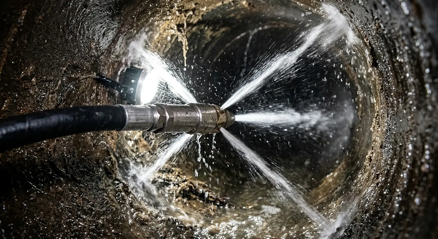 High-pressure hydro jetting nozzle cleaning sewer pipe for Sewer Cleanout in Half Moon Bay