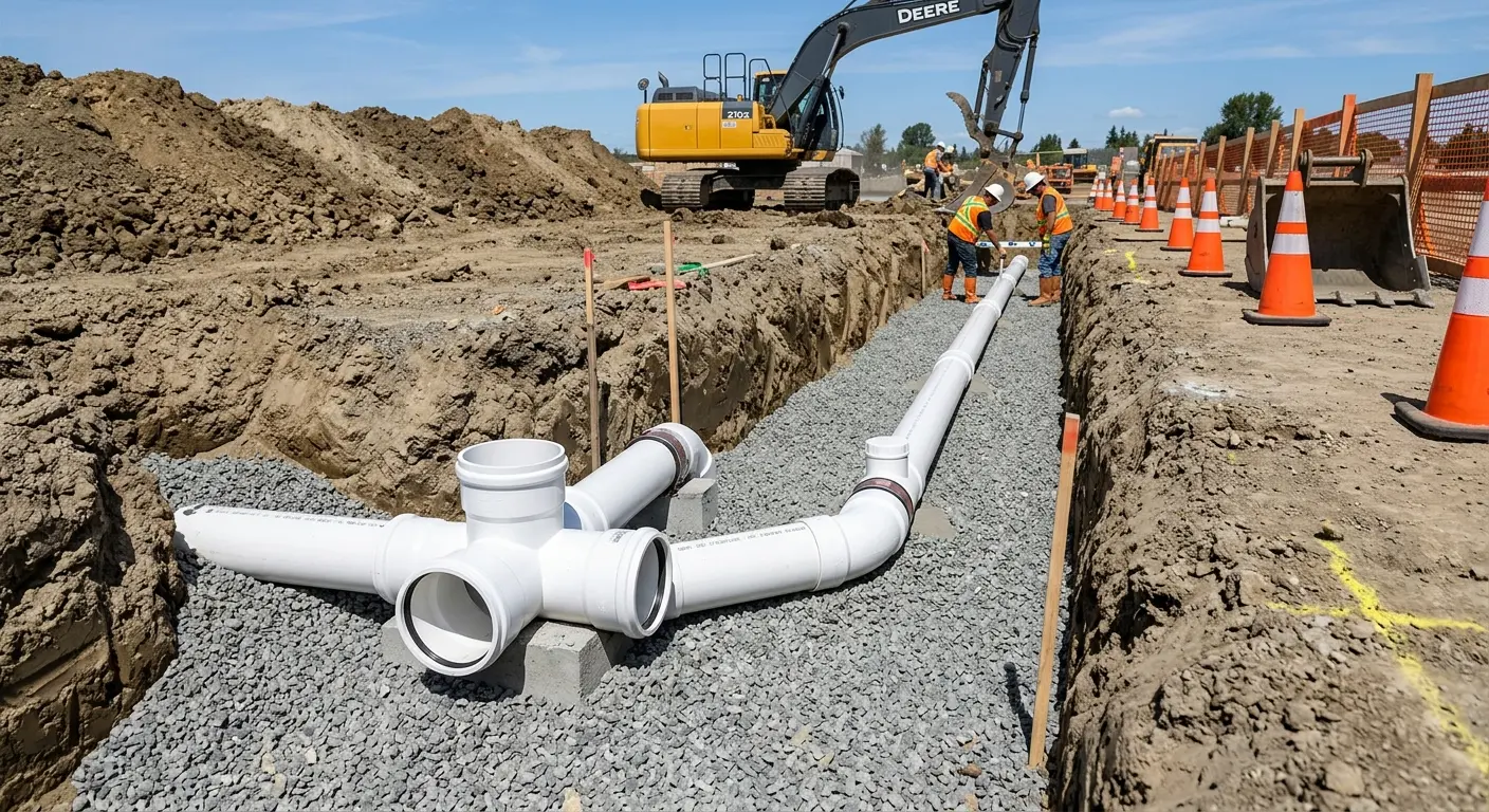 New PVC sewer pipe installation in open trench for Sewer Backup in Half Moon Bay