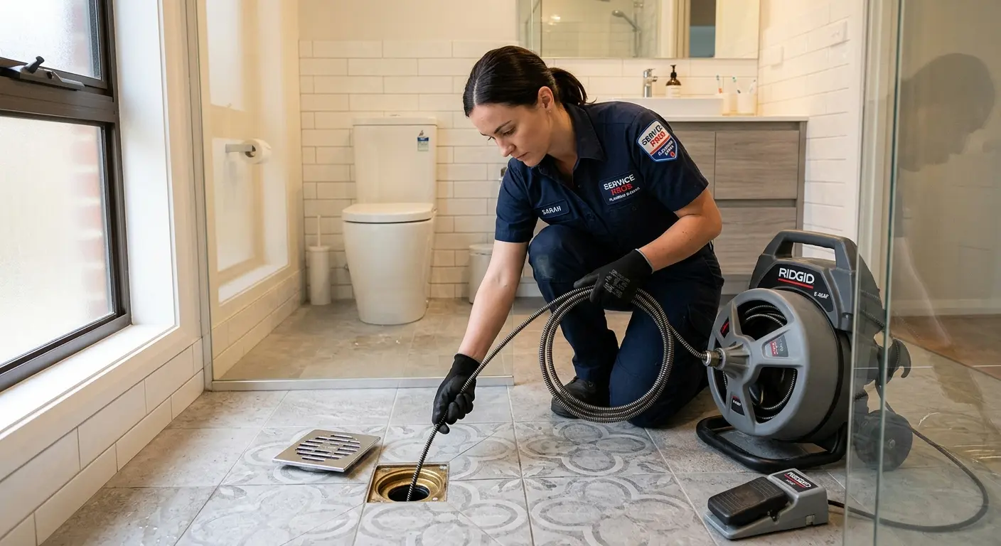 Technician clearing a bathroom floor drain for Sewer Line Replacement in Half Moon Bay